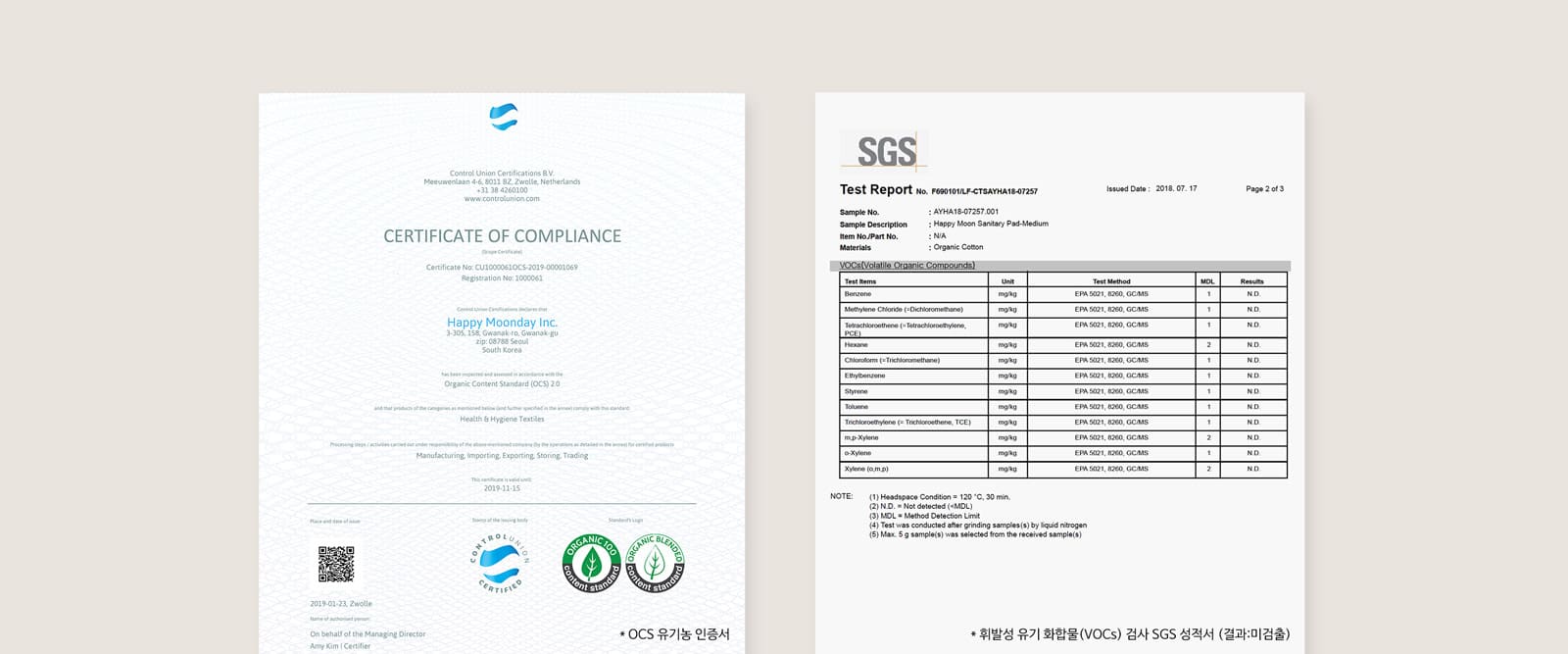 OCS 인증서와 SGS 테스트 결과보고서 OCS 인증서와 SGS 테스트 결과보고서