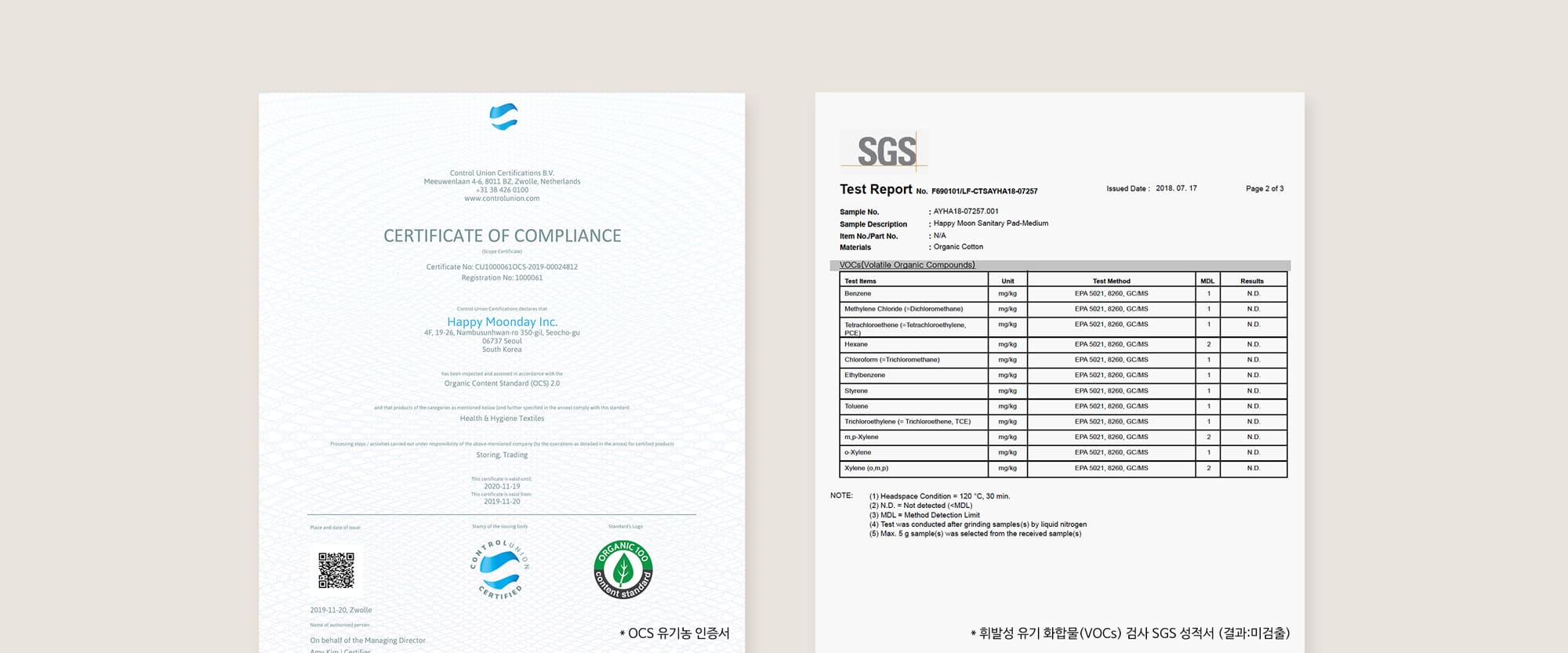 OCS 인증서와 SGS 테스트 결과보고서 OCS 인증서와 SGS 테스트 결과보고서